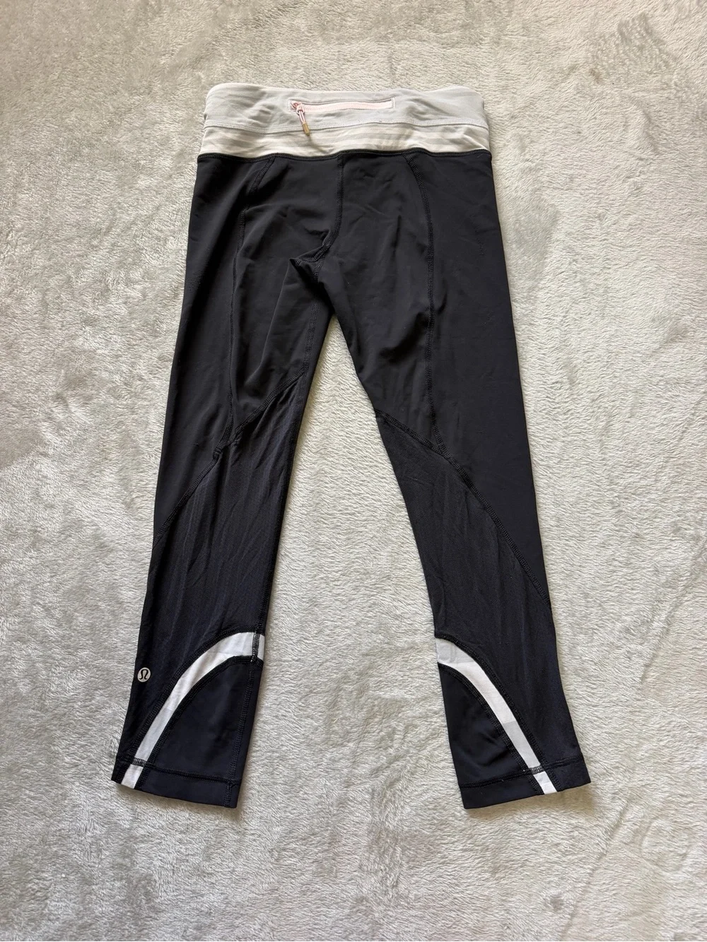 lululemon athletica Black Capris Leggings with White Waistband and Calf Accents